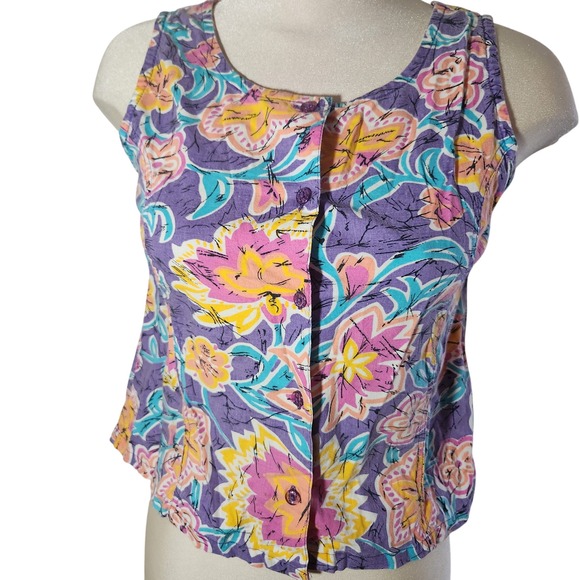 EZ Spirit y2k Floral Print Blouse Top Purple Pink Yellow Aqua Size 16 adult Sm - Picture 2 of 6